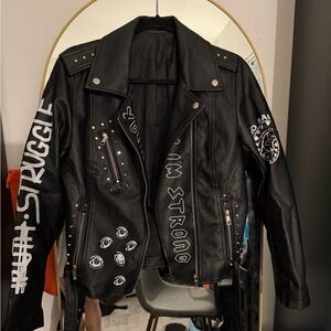 Black Graphic Studded Faux Leather Moto Jacket